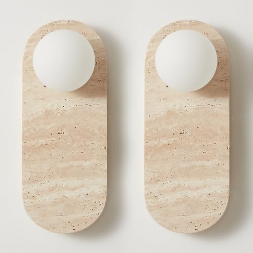 Natural Travertine Wall Sconce Set of 2 Modern Bathroom Vanity Light with Frosted Glass Globe Brushed Gold Wall Lamp G9 Compatible Wall Light Fixture for Hallway Bedroom Stairway Living Room