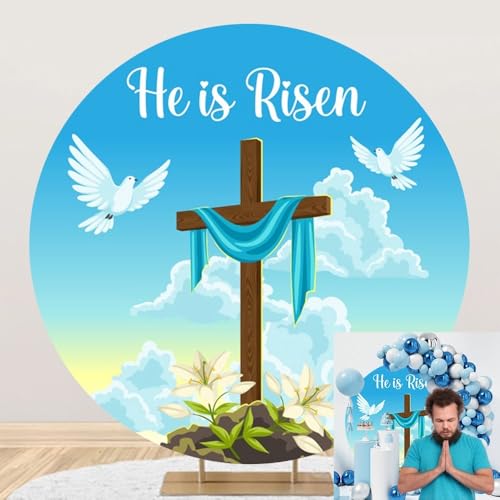 OERJU He is Risen Round Backdrop Cover Easter Jesus Photo Backdrop Easter Resurrection Round Background Easter Cross Religious Easter Day Party Decorations Christian Church Arch Photoshoot Props 7.5ft