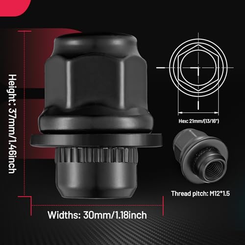 Image of BDFHYK 12mmx1.5 Wheel Lug Nuts,24pcs Black M12x1.5 Lug Nuts Closed End Mag Seat with Washer 13 /16 inch 21mm Hex 1.46 inch 37mm Tall Compatible with Toyota Tacoma 4Runner FJ Cruiser
