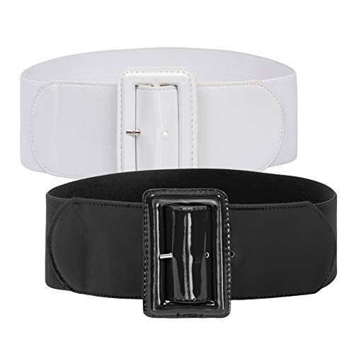 Grace Karin 2 Pack Women Retro Elastic Stretchy Metal Buckle Waist Cinch Belt M Black+White #TOP1