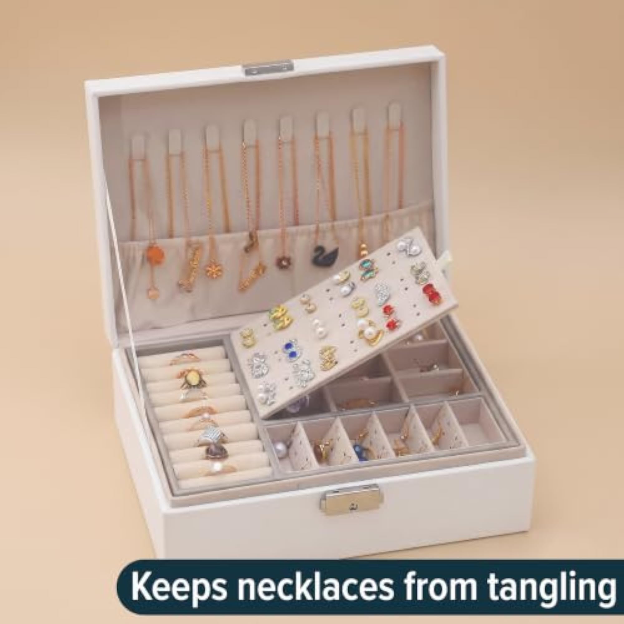 Lockable Jewelry Organizer Box for Women, 2 Layer PU Leather