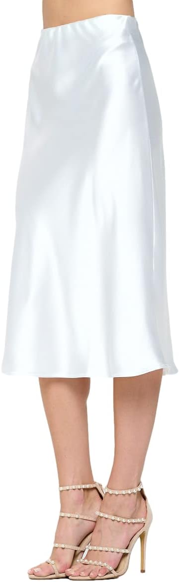 Women Solid High Waist Silky Casual Elastic Satin Midi Skirt - Made in USA(Small,Ivory) - Image 2