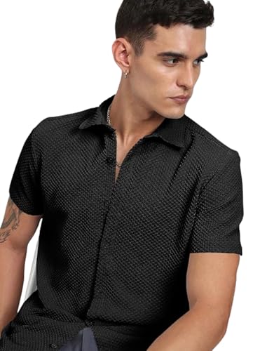 Image of Zombom Men's Poly Cotton Textured Short Sleeve Shirt | Slim Fit Casual Wear | Premium Stretch Fabric | Button Down Collar | Stylish Party Shirt for Men
