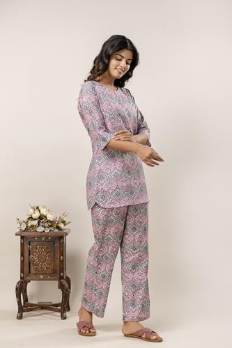 Image of Pure Cotton Printed Night Suit Top and Pyjama Set for Women's Night Dress of Shirt & Pyjama Set for Womens