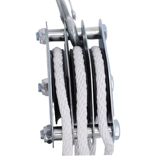 Polea de cuerda de 3 ruedas, sistema manual de bloqueo y aparejos, cuerda blanca de 15 m, 2200 libras, relación de elevación 6:1, resistente para uso en exteriores Ga Worhop