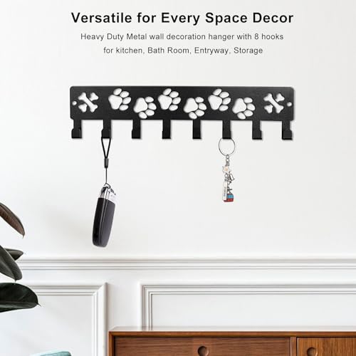 Key Holder Wall Mount & Dog Leash Holder for Wall, Metal Key Rack with 8 Hooks for Entryway/Hallway/Kitchen Decor, Dog Paws Design Wall Organizer 11.8×2.6 Inch with Screw Anchors (Black-Paws) - Image 6