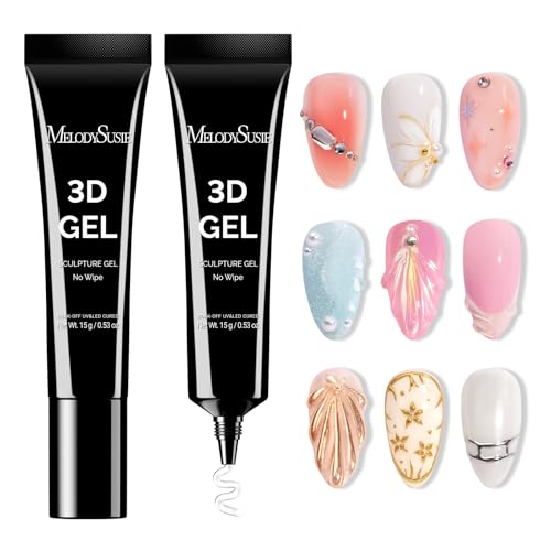 Image of MelodySusie 3D Nail Gel for Sculpting, Clear Nail Art Glue for Drawing, Charms, Rhinestones Chrome Powder No Wipe UV /LED Light Cured Sculpting Gel for 3D Nail Art Designs Salon DIY Use 2PCS