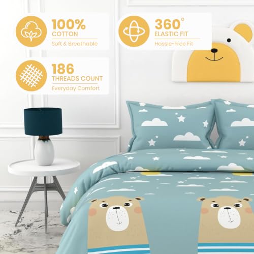 Image of LORETO - A QUALITY LINEN BRAND 186 TC 100% Pure Cotton Double /Queen Fitted Bedsheet with 2 Pillow Covers for 78 x 60 Inch Mattress, All-Around Elastic, 8 Inch Deep Pocket, Aqua Blue Bear & Duck
