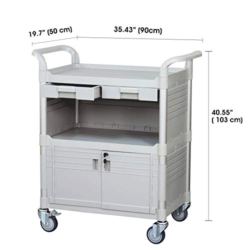 JaboEquip, 3 Shelf Heavy Duty Lockable Medical cart with Drawers, Hospital cart Utility Cart 606 lbs for Medical, L34.43xD19.69 inch, Off-White (Light Grey) Color - Thumbnail 7