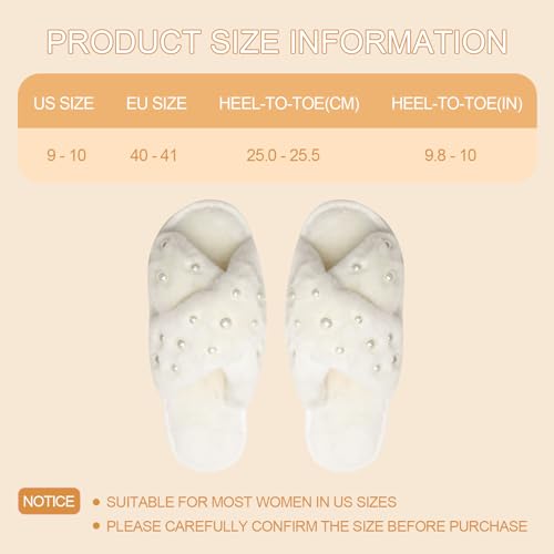 4 Pairs Women's Fuzzy Slippers, White, One Size, Pearl Embellished, Open Toe, Soft Plush, Non-Slip, Wedding & Party Gifts2