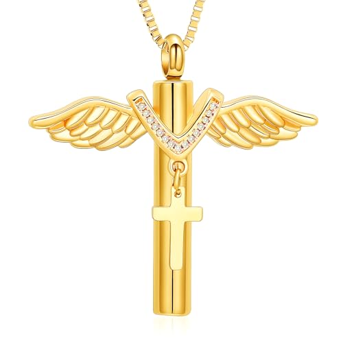 XSMZB Wings Cylinder Cremation Jewelry for Ashes Pendant Cross Urn Necklace for Ashes for Men Women Keepsake Locket Jewelry