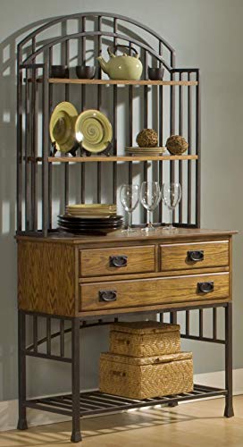 Home Styles Oak Hill Distressed Oak Bakers Rack with Hutch, Drawers, and Antiqued Bronze Finish