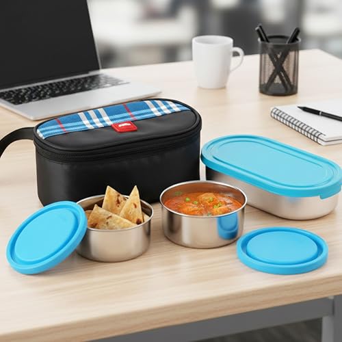 Image of CELLO MF Trent Plus Lunch Box with Bag for Office, Blue | 300ml x 2 Steel Containers, 500ml Oval Plastic Containers, Leak Proof Airtight Snap Lock Lid Tiffin Box Set for School Kids, College & Travel