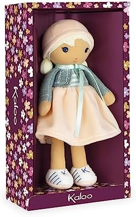 Kaloo Tendresse My First Fabric Doll Chloe K 9.75” Medium Soft Plush Figure in Peach and Striped Dress, Denim Jacket and Blonde Hair with Embroidered Face Machine Washable for Ages 0+, K963659