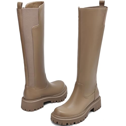 Image of TEAIEU Knee High Boots for Women, Platform Chunky Block Low Heel Tall Boots, Round Toe Side Zipper Fall Long Boots for Dress, Stretch Calf, Comfortable