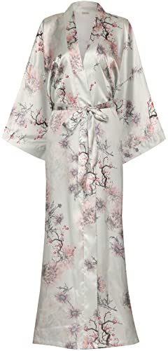 Image of goodmansam Women's Long Floral Satin Kimono Robes Bridal Dressing Gown Wedding Bridesmaid Nightgown