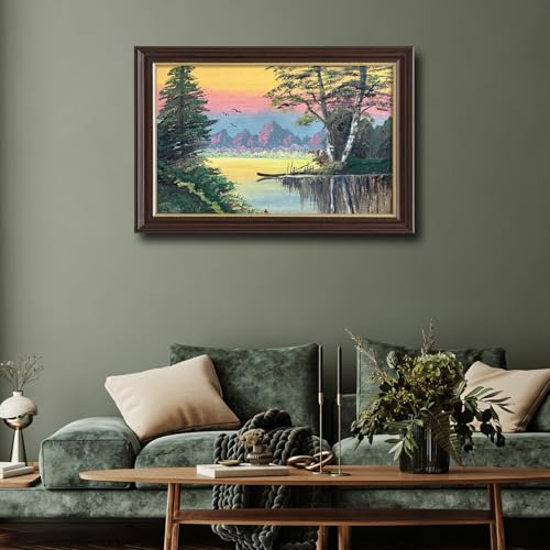 Image of Antique Framed Sunset Lake Canvas Wall Art, Retro Forest Landscape Oil Painting Canvas Prints, Vintage Nature Wall Decor Pictures for Living Room Bedroom Office