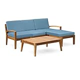 Grenada Sectional Sofa Set | 5-Piece 3-Seater | Includes Coffee Table and Ottoman | Acacia Wood Frame | Water-Resistant Cushions | Teak and Blue