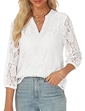 Picture of AIMCOO Lace Tops for Women Dressy Casual 3/4 Length Sleeve V Neck Blouses Sexy Elegant Eyelet Shirt Tunics Spring Summer White Medium