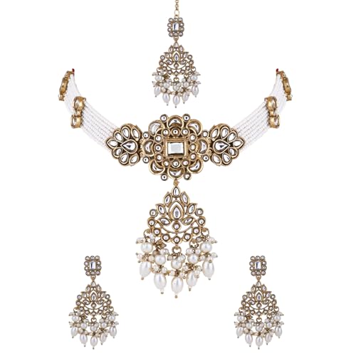 Image of I Jewels Traditional Kundan & Pearl Necklace Jewellery With Earrings & Maang Tikka Set For Women