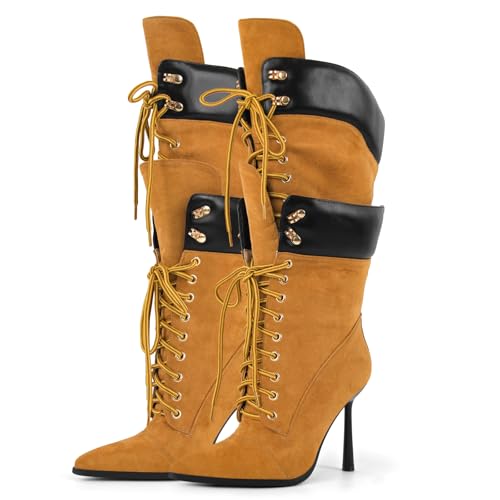 Richealnana Women's Double Lace Pointed Toe Stilettos Straps Up Strappy Knee High Boots2