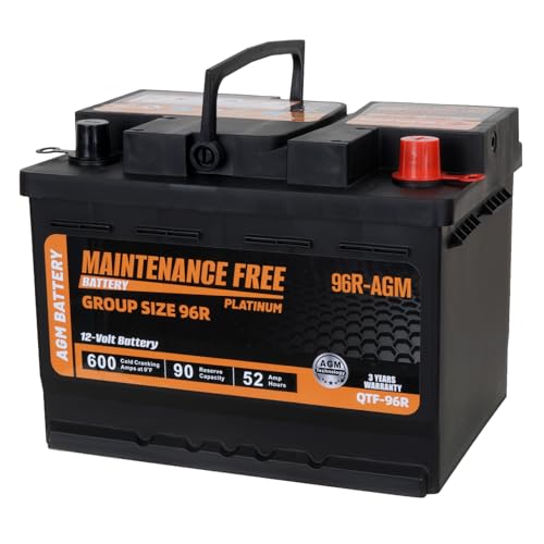 Image of Autocessking Group Size 96R Start and Stop AGM Automotive Battery, 12V 52Ah, 600 CCA, 90 RC Rechargeable Car Battery, 36 Months Warranty
