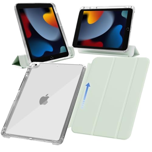 MS factory iPad 9世代 ケース 第9世代 第8世代 第7世代 用 アイパッド 10.2 ペン収納 取り外し可能 軽量 耐衝撃 カバー 縦置き/横置きスタンド ソフトフレーム 背面透明 アイスグリーン 緑 IPD-7-SLDPEN-IGR
