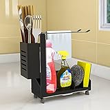 Praktisches Design: Der Spülenorganisator kann Schwämme und Flüssigseife ordentlich auf der Küchenarbeitsplatte aufbewahren. Sorgen Sie für ausreichend Platz, um die Küchenarbeitsplatte sauber zu halten. Die Schwammaufbewahrungsbox des Spülbeckens verfügt über eine herausnehmbare Bodenschale, die Ihre Küche vor Flecken auf der Arbeitsplatte schützen, überschüssiges Wasser leicht entfernen und das Spülbecken und die Theke besser organisieren kann.