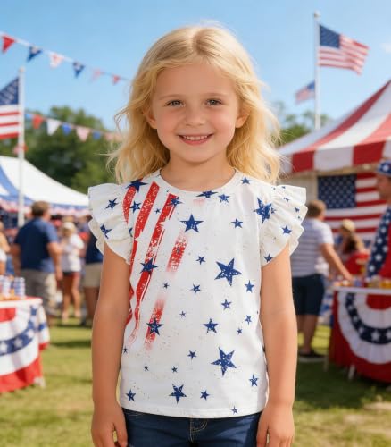 Image of Tkria Girls 4th of July Tank Tops Red White and Blue Shirt Toddler Girl American Flag Patriotic Outfit 2-7 Years