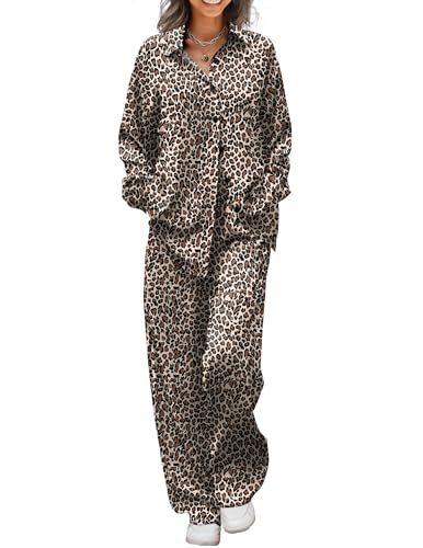 Image of Ekouaer Womens Satin Silky Pajama Set 2 Piece Print PJs Soft Loungewear Button Down Sleepwear with Elastic Waist Long Pants