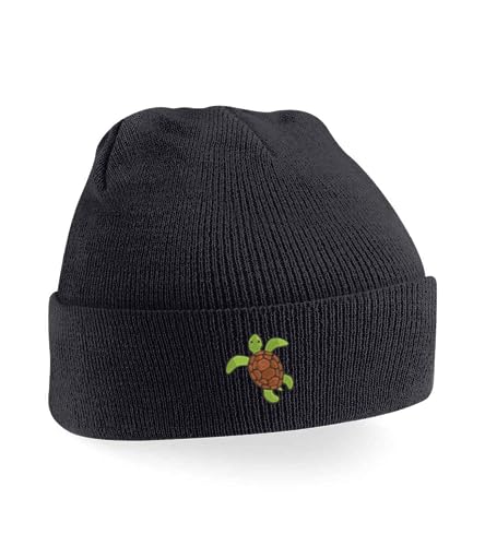 Turtle Embroidery Beanie Hat for Adults | Sea Tortoise Knitted Cap Winter Accessory Black