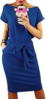 Longwu Women's Elegant Short Sleeve Wear to Work Casual Pencil Dress with Belt