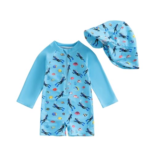 Generisch Traje de baño para niños con sombrero a juego, protector solar impreso, azul, 12-18 meses