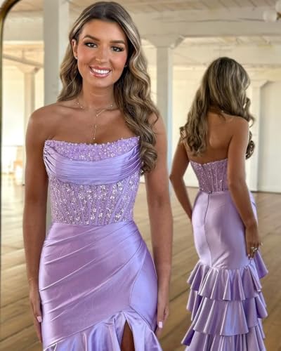 GATMAHE Corset Satin Prom Dresses for Women Tiererd Strapless Ruffles Mermaid Formal Evening Gowns with Slit3