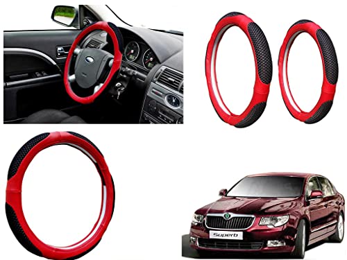 Image of Microfiber Car Steering Wheel Cover, Soft Padding Great Hand Feel, Anti-Slip, Faux Leather Steering Cover for Skoda Superb | Black Red Jali - Pack of 1