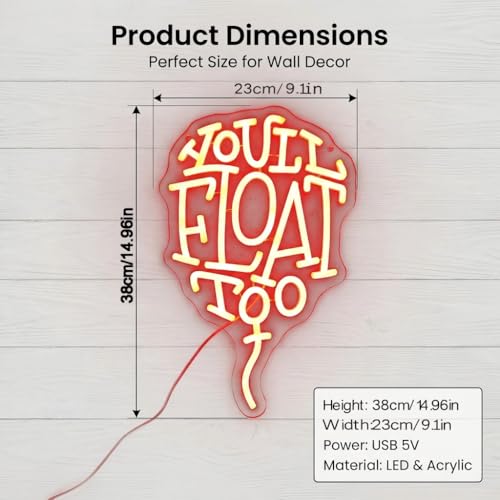 Image of You'll Float Too Neon Sign, Dimmable LED Wall Light, USB Powered Horror Movie Decor for Gothic Room, Creepy Clown Fans, Spooky Halloween Wall Art & Scary Gift