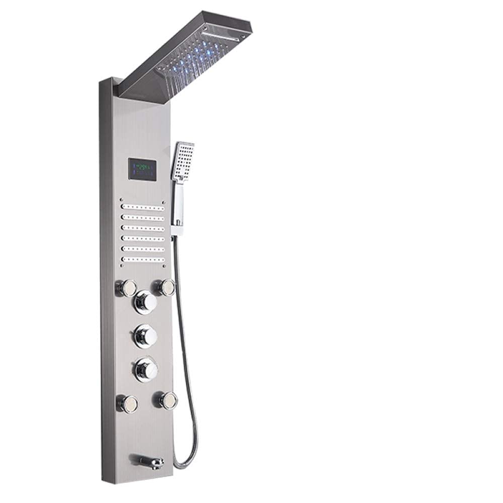 Colonne de douche nickel brossé 8004 avec panneau LED noir et écran mélangeur