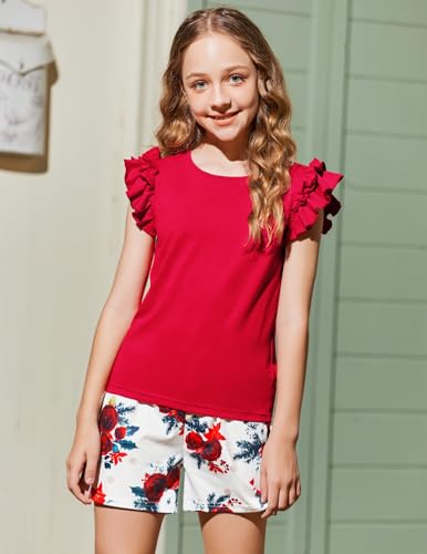 Image of Arshiner Teenage Girl Clothes Two Piece Summer Outfits Short Sleeve Shirts and High Waist Paper Bag Short Set,13-14 Years, Red-flower
