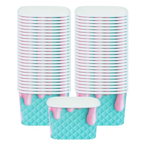 Image of Restaurantware Paper Cups 50 Count 12 Ounce Square Disposable Ice Cream Containers, Leak-Resistant Paper Dessert To Go Cups, Hot And Cold Food, Durable Bubblegum Splash Design