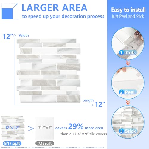 STICKGOO Thicker Design Peel and Stick Tile Backsplash, 12”×12” Stick on Backsplash for Kitchen, Self Adhesive Tile Stickers for Kitchen Backsplash and Bathroom(10 Sheets, Glossy Beige Gray White) by STICKGOO - Image 6