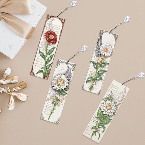 Image of 4-Pack 5D Flower Diamond Painting Bookmarks Kit, DIY Diamond Art Bookmarks with Colorful Diamond Gems and Tassels, Floral Bookmark Making Set for Adults, Gift for Book Lovers