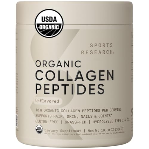 Sports Research Organic Collagen Peptides - Hydrolyzed Type I & III, Unflavored - 30 Servings