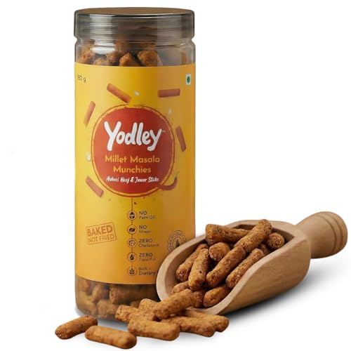 Image of Yodley Millet Masala Munchies - Tangy Achari Flavour | Baked, Not Fried | No Maida, No Palm Oil | Zero Cholesterol | Zero Trans Fat & High In Fiber | Calcium & Iron Rich | Healthy Indian Snack - 150gm