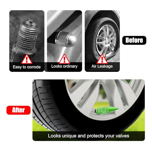 Augeny 4PCS Green 60mm Spiked Valve Stem Caps - Universal Aluminum Tire Covers for Cars, Trucks, Bicycles, and Motorcycles