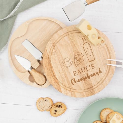 Wanapix | Tabla de Quesos Personalizada | Set Tabla + 4 Cuchillos de Acero Inoxidable | Bandeja/Estuche de Madera con Texto Grabado | 22ø cm | Cheeseboard