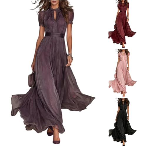 Womens Lace Spliced Soft Maxi Dress Short Sleeve Flow Evening Gowns Purple - image 1