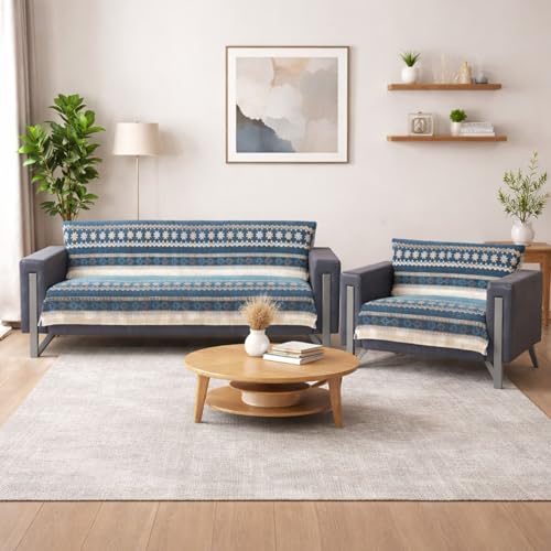 Image of Elegant Woven Turquoise Sofa Cover - Soft Chenille Traditional Pattern with Lace Style | L-Shape Sectional Seat Protector for Living Room | Durable & Stylish Slipcover 3+2 Seater Sofa