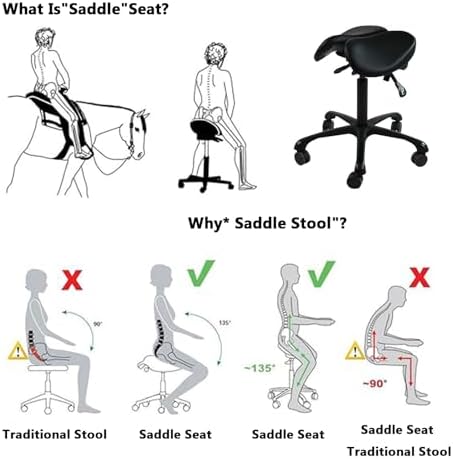 Ergonomic Saddle Stool Chair - 360° Rotating, Adjustable Height with Wheels for Home Office & Shop - Comfortable & Stylish Saddle Seat for Better Posture