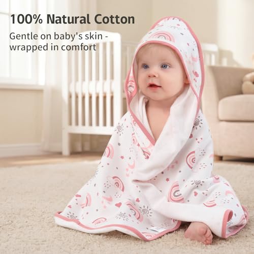 Image of Baby Girl Bath Towels for Newborn, 100% Cotton Hooded Baby Towels for Infant Toddler, 2 Pack Bath Towels with Hood for Kids, 32x32 Inch Soft & Absorbent Knit Terry Bath Essentials Pink Rainbow