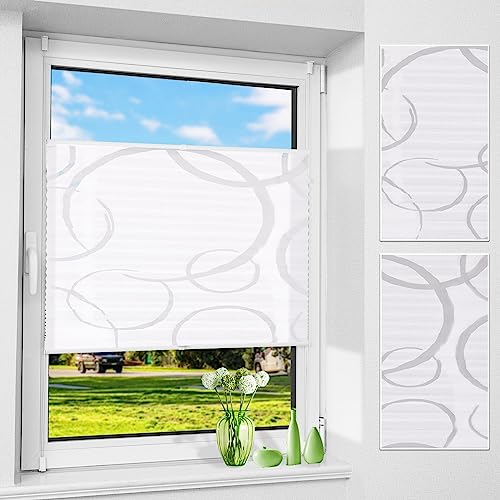 Allesin Plissee ohne Bohren mit ausgebranntem Kreismotiv, Plissees Klemmfix mit Muster,Weiß 90x130cm(BxH), Plisseerollo Jalousie Rollos für Fenster und Tür, Sichtschutz und Sonnenschutz
